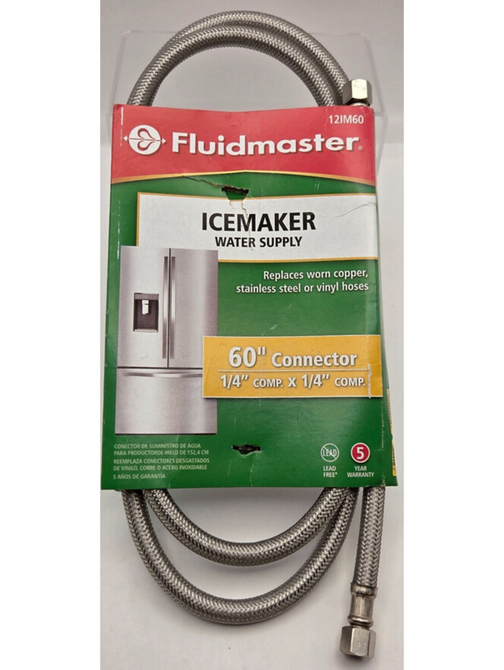 Fluidmaster 60" Icemaker Water Supply Line 1/4" Comp x 1/4" Steel NEW